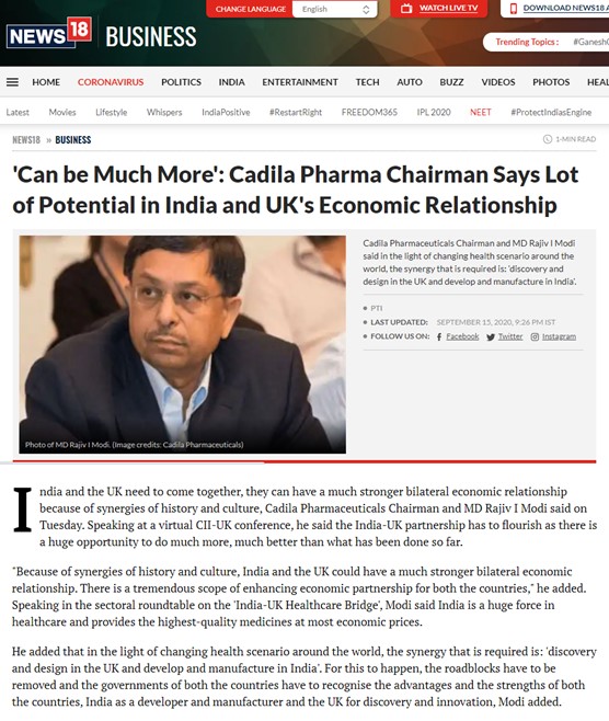 Cadila Pharmaceuticals' Chairman and Managing Director, Dr Rajiv Modi talks about India and UK's economic relationship at a virtual conference held by CII