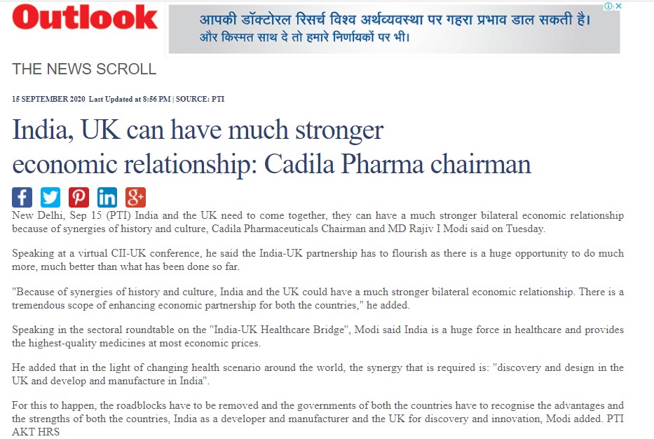 Cadila Pharmaceuticals' chairman and managing director, Dr Rajiv Modi, talks about India and UK economic relationship