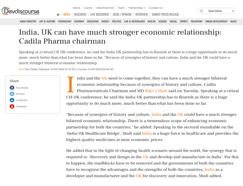 Cadila Pharmaceuticals' Chairman and Managing Director, Dr Rajiv Modi talks about India and UK's economic relationship in Pharmaceutical Industry