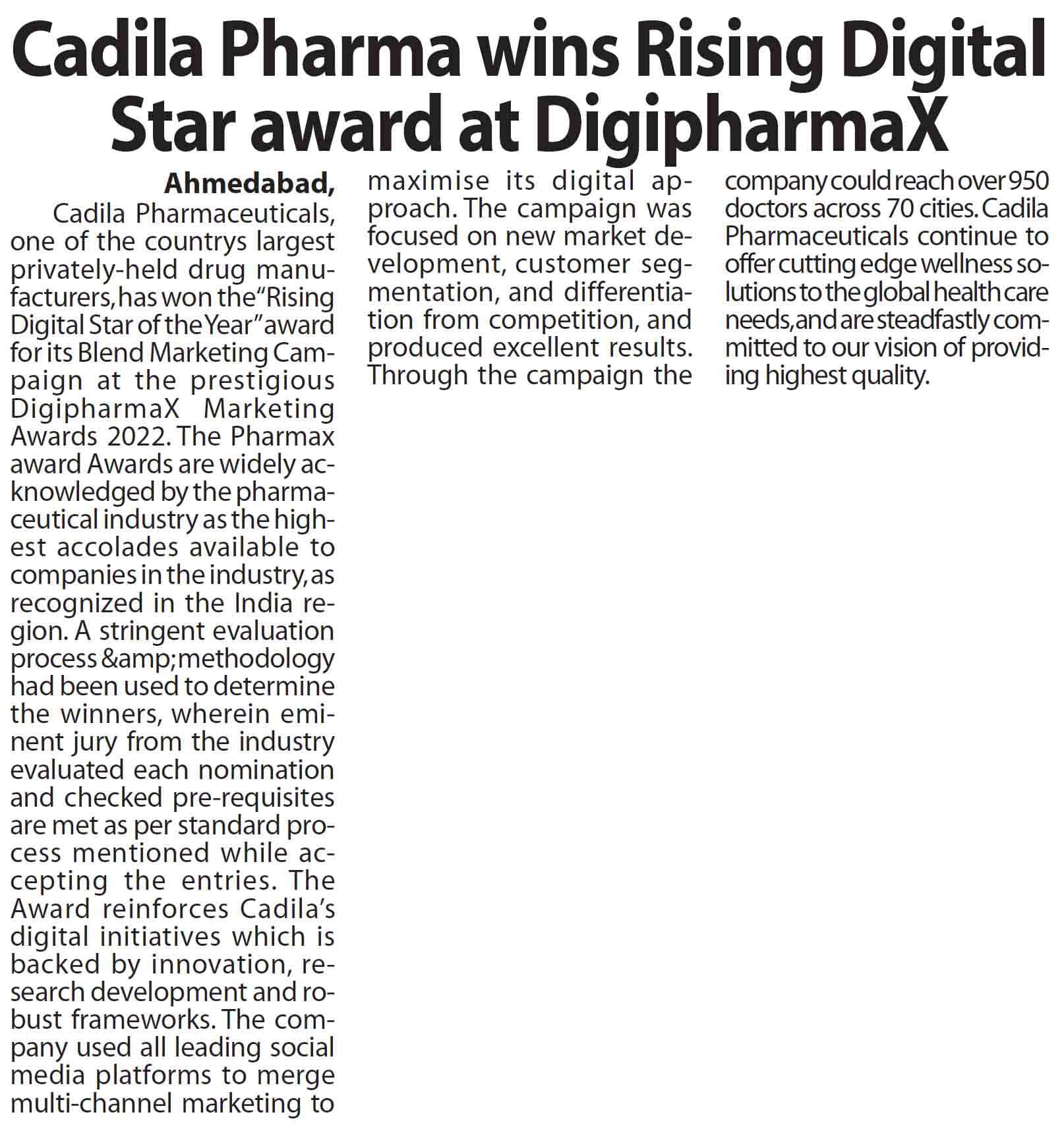 Western Times  (Ahd)_Cadila Pharma wins Rising Digital Star award at DigipharmaX _31.07.2022_Pg 04