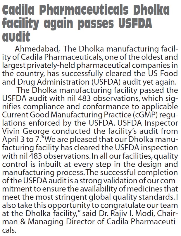 Western Times (Ahd)_Cadila Pharmaceuticals Dholka facility again passes USFDA Audit _22.04.2023_Pg 04